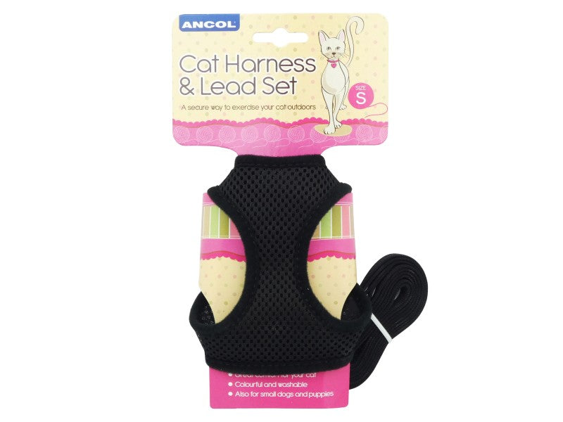 CAT HARNESS & LEAD SET BLACK SMALL
