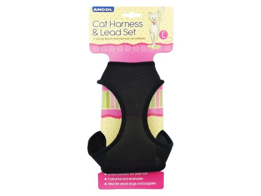 CAT HARNESS & LEAD SET BLACK LARGE
